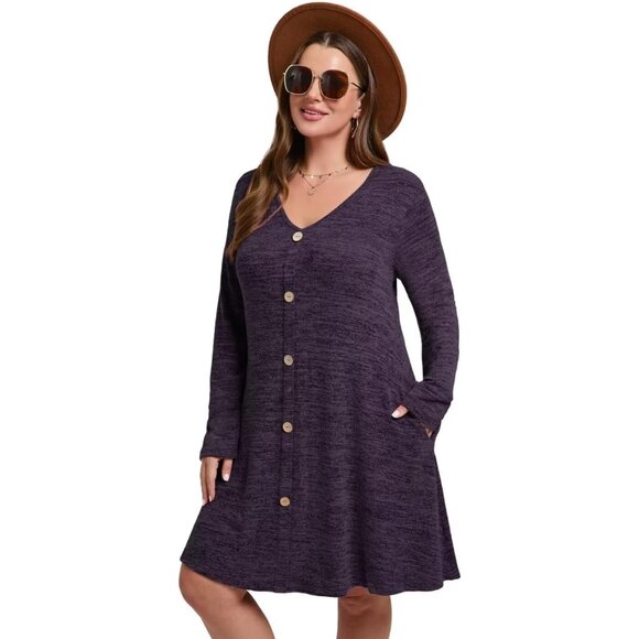 Plus Size Women's Swing Dress Rayon Polyester Spandex V-Neck Pockets - Picture 3 of 5